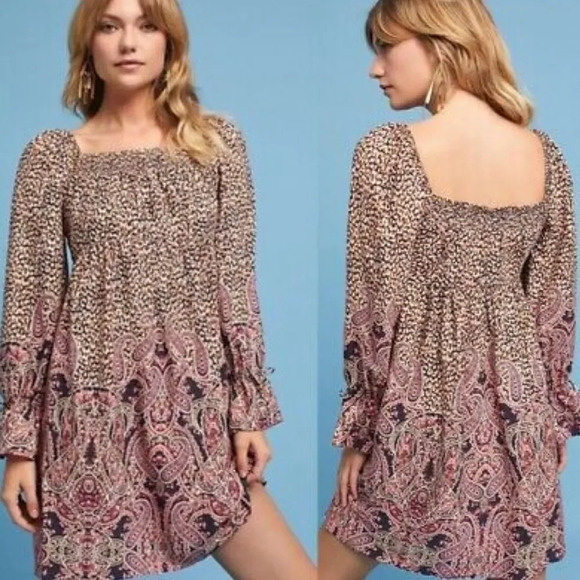 Anthropologie Maeve Milou Leopard Paisley Print Smocked Babydoll Dress - Picture 1 of 13